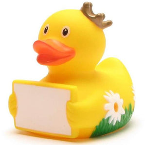 Badeente König mit Grußschild