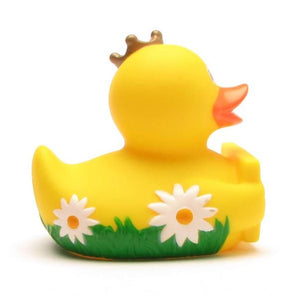 Badeente König mit Grußschild